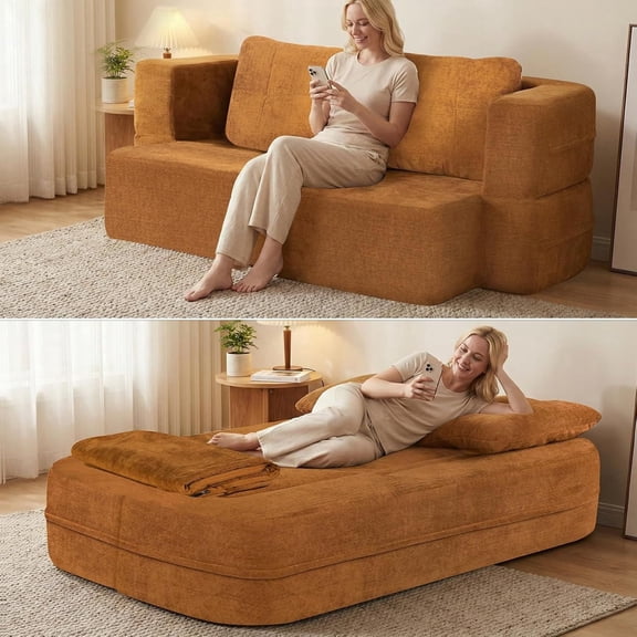 DRNANLIT 2-in-1 Convertible Sofa Bed with Anti-Tip Bracket, Space-Saving Design for Living Room & Guest Room, Brown