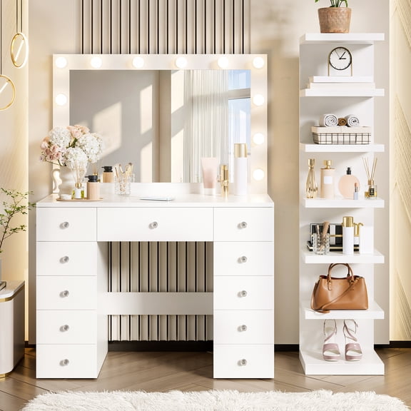 DRNANLIT 2-in-1 Vanity Set with 7-Tier Shelf - Hollywood Lighted Mirror, 11 Drawers, and Built-in Charging Station