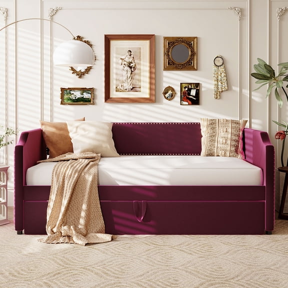 DRNANLIT 2-in-1 Velvet Daybed with Lift-Up Trundle, Multi-Functional Sofa Bed Frame, No Mattress Included, Perfect for Guest Room, Bedroom and Small Space, Wine Red