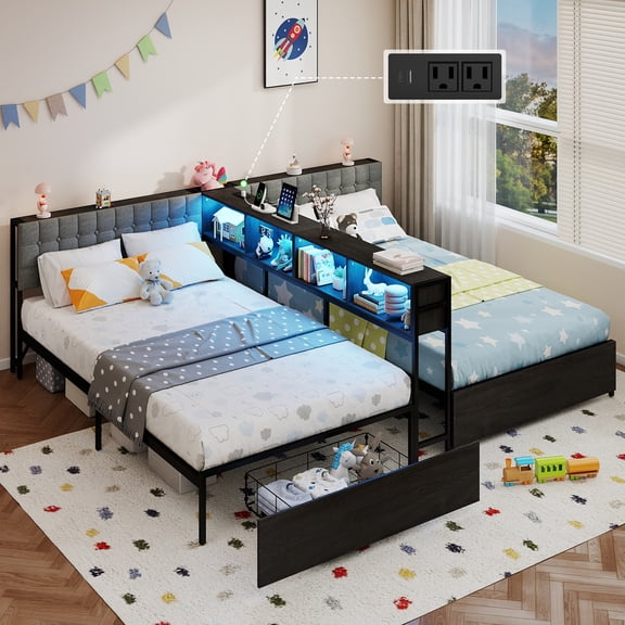 DRNANLIT 2-in-Set Twin Size Bed Frame with Storage Bookcase Divider, Charging Station and LED Lights, Double Twin Bed with 2 Drawers and Headboard Storage, Metal Platform Bed for Shared Bedroom