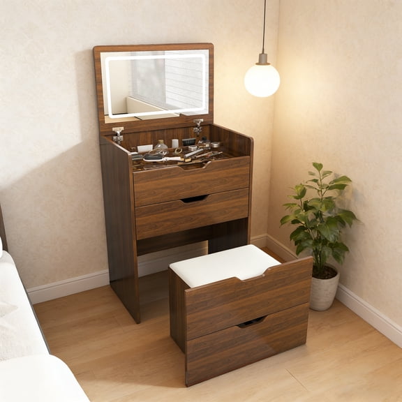 DRNANLIT 23.62" 3-in-1 Space-Saving Vanity Desk with LED Mirror & Storage Stool - Converts to Bedside Table or Writing Desk for Small Apartments