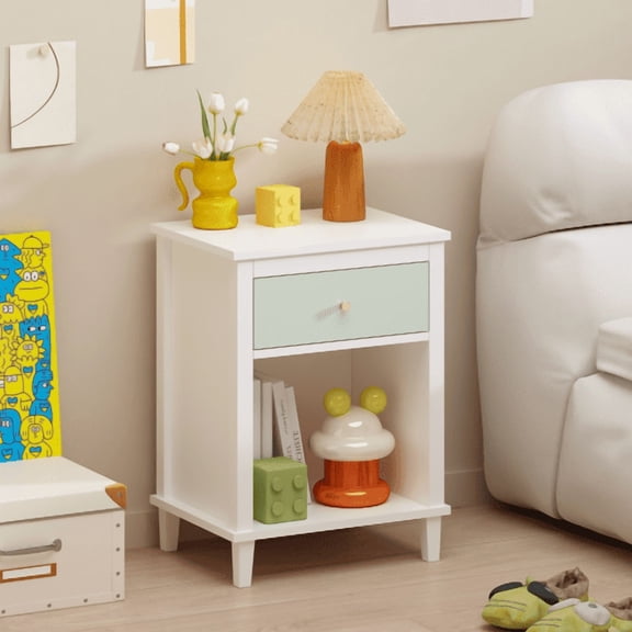 DRNANLIT 26.77" Wooden Nightstand with Drawer & Shelf, Sage White – Sturdy Nightstand for Bedroom, Easy Assembly