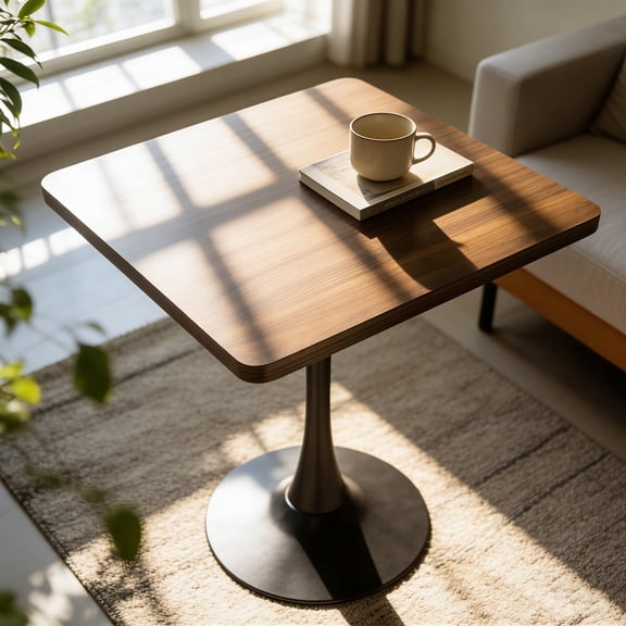 DRNANLIT 27.8" Square Mid-Century Modern Tulip Dining Table, Metal Pedestal Bistro Table with Thickened Edge Tabletop, Compact Kitchen Table for Small Spaces, Living Room, Cafe, Walnut Color