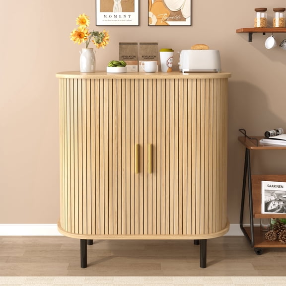 DRNANLIT 28" Modern Fluted Wine Bar Cabinet with Hidden Storage, Multifunctional Sideboard Buffet, Smoothly Sliding Tambour Doors, Modern Liquor Coffee Station, Natural