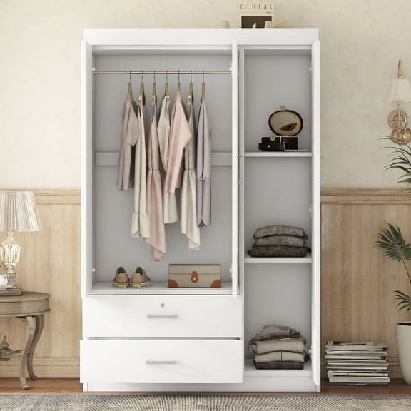 DRNANLIT 3-Door Mirror Wardrobe with Shelves, White Full-Length Dressing Mirror, Lockable Drawer