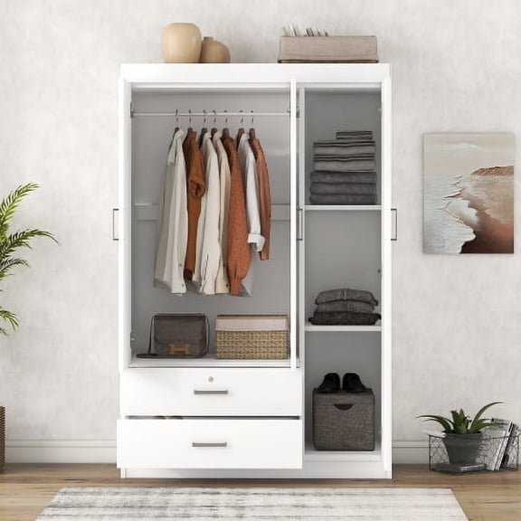 DRNANLIT 3-Door Wardrobe with 2 Drawers, White Large Storage, Locking Top Drawer, Modern MDF, 41.3"L x 18.5"W x 68.2"H
