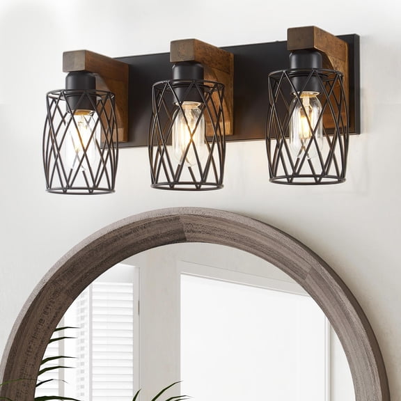DRNANLIT 3-Light Farmhouse Bathroom Vanity Light, Black Industrial Metal Shade, Rustic Wood Bathroom Light Fixture Over Mirror