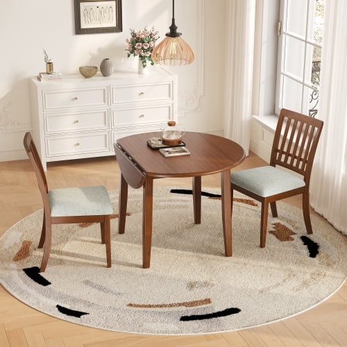 DRNANLIT 3-Piece Round Dining Table Set for 2 People, 1 Folding Wood Dining Table + 2 Upholstered Chairs, Space-Saving Design for Small Apartments and Dining Areas Brown