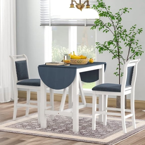 DRNANLIT 3-Piece Wood Counter Height Drop Leaf Dining Table Set with 2 Upholstered Dining Chairs for Small Place, White and Blue