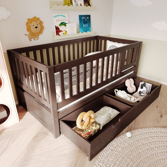 DRNANLIT 3-in-1 Convertible Solid Wood Bed with Removable Guardrails, With Under-Bed Storage Drawers, No Box Spring Needed, Espresso