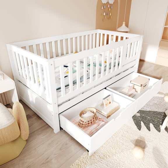 DRNANLIT 3-in-1 Convertible Solid Wood Bed with Removable Guardrails, With Under-Bed Storage Drawers, No Box Spring Needed, White