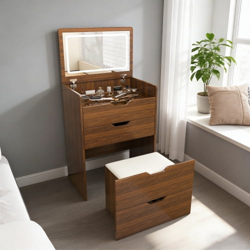 DRNANLIT 3-in-1 Vanity Desk with Flip Top Lighted Mirror & Storage Stool, Walnut