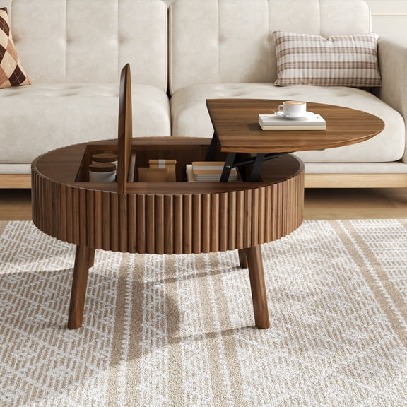 DRNANLIT 30.3" Coffee Table, Round Lift-Top w/ Half Flip & Hidden Storage, for Living Room,Walnut