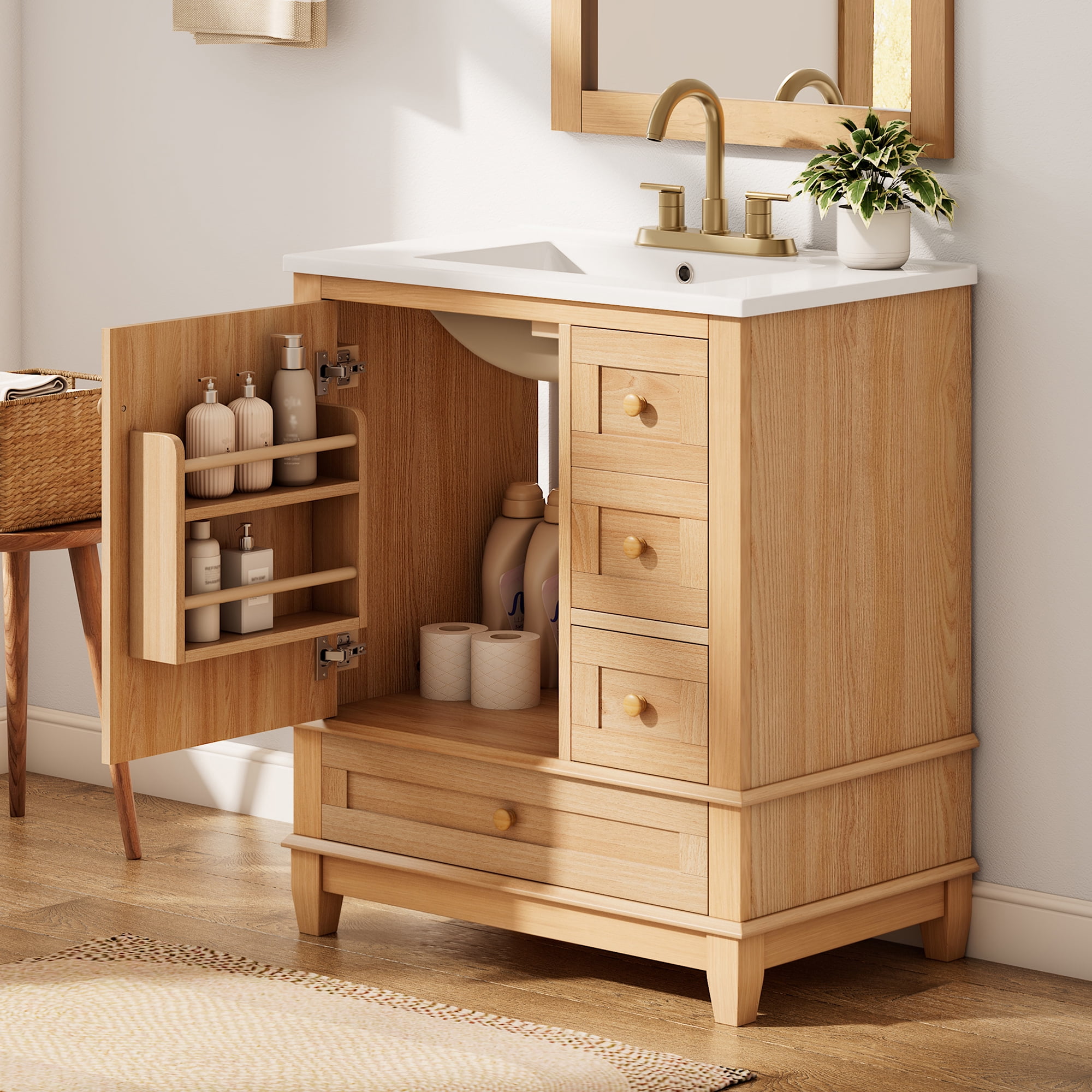 DRNANLIT 30" Bathroom Vanity with Ceramic Sink, Freestanding Natural Wood Grain Cabinet, Solid Rubberwood Legs