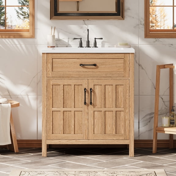 DRNANLIT 30-Inch Farmhouse Bathroom Vanity with Integrated Sink, Soft-Close Hinges & Adjustable Storage