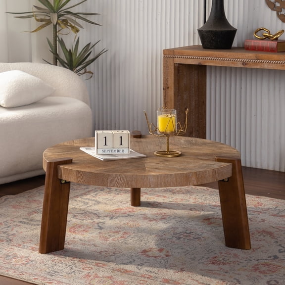 DRNANLIT 36.61" Round Herringbone Coffee Table, Solid Wood & MDF, Natural Distressed Finish with Tapered Legs
