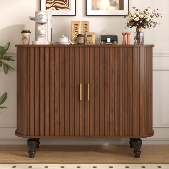 DRNANLIT 39" Fluted Liquor & Coffee Bar Cabinet with 6 Wine Racks, Mid-Century Modern Bar Cabinet with Hidden Storage, Multifunctional Sideboard for Kitchen, Living Room, Dining Room, Walnut