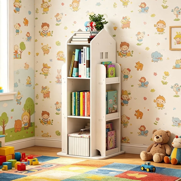 DRNANLIT 4-Tier Rotating Bookshelf, 360 Swivel PVC Wood-Plastic Book Display Shelf, Mortise and Tenon Easy-Assembly Storage Rack for Bedroom, Playroom, Dorm