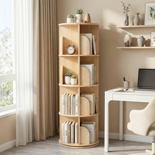 DRNANLIT 4 Tier Rotating Bookshelf, Round Floor Standing Bookcase with 360° Spin, Wood Storage Shelf, Natural