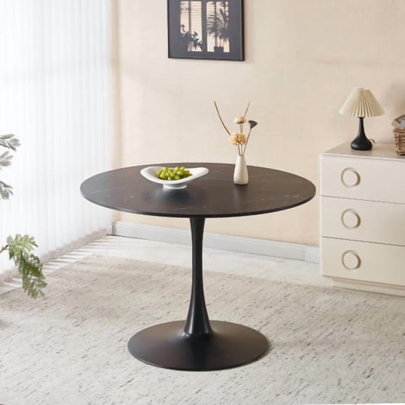 DRNANLIT 42.1" Black Tulip Table, Mid-Century Round Dining Table, Metal Legs, Seats 4-6