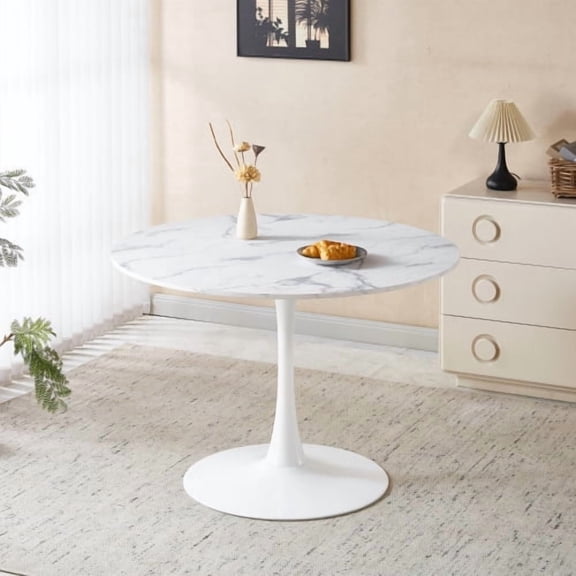 DRNANLIT 42.1" White Marble Tulip Table, Mid-Century Round Dining Table, Metal Legs, Seats 4-6