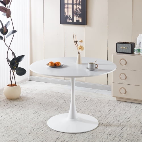 DRNANLIT 42.1" White Tulip Table, Mid-Century Round Dining Table, Metal Legs, Seats 4-6