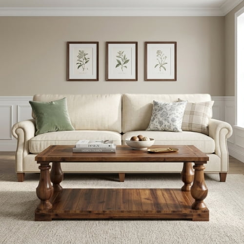 DRNANLIT 42 Inch Farmhouse Coffee Table with Storage Shelf, Solid Wood Turned Legs, 2-Tier Rustic Wood Center Table for Living Room