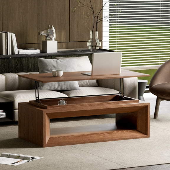 DRNANLIT 43.3" Lift-Top Coffee Table, Solid Wood Veneered Adjustable Height Table with Storage, Walnut