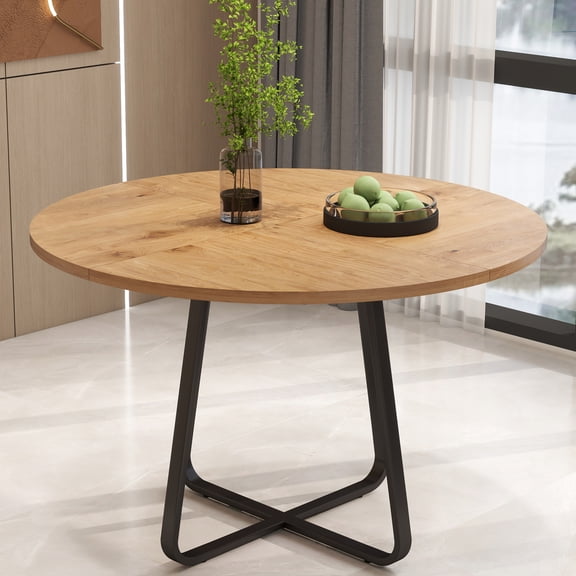 DRNANLIT 43.3" Round Dining Table for 4-6 People, MDF Tabletop with X-Shaped Metal Legs, Modern Kitchen Table, Easy Assembly, for Dining Room & Apartment,Wood Color