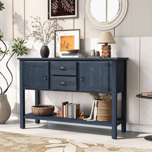 DRNANLIT 46" Solid Wood Console Table with 2 Drawers & Cabinets, Bottom Shelf, Retro Style Buffet Sideboard for Living Room & Kitchen Storage, Navy Blue