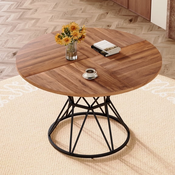 DRNANLIT 47.3-Inch Modern Industrial Round Dining Table with Walnut Wood Grain and Sturdy Black Metal Frame - Stylish and Functional for Dining Rooms, Kitchens, Walnut