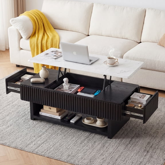 DRNANLIT 47.4" Rectangle Lift Top Coffee Table with Drawer and Hidden Storage, Modern Fluted Design with White Marble-Pattern Top and Solid Wood Strips, Multi-Functional Center Table for Small Spaces