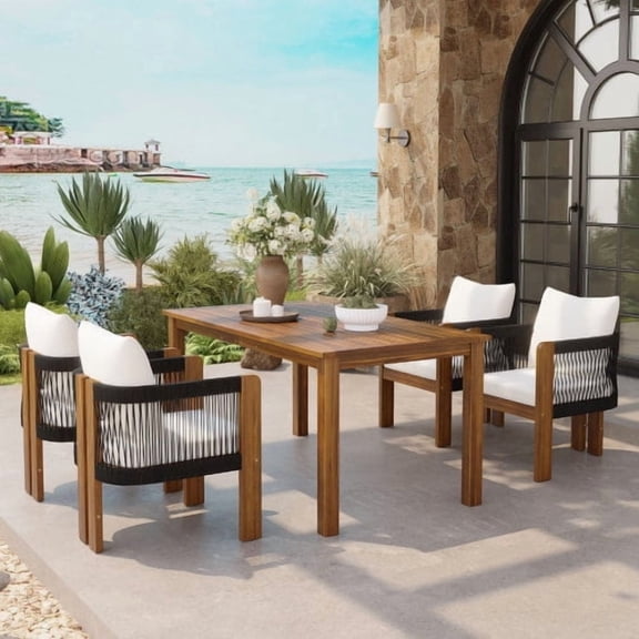 DRNANLIT 5-Piece Outdoor Patio Dining Set for 4, Solid Acacia Wood Table with Rope Woven Chairs & Cushions, Black Brown
