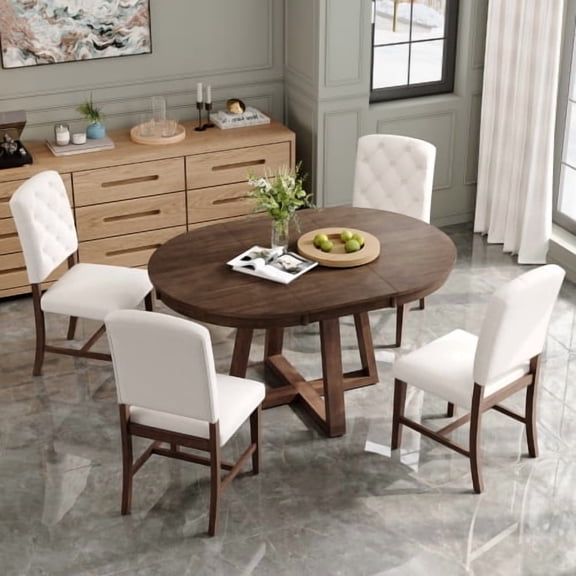 DRNANLIT 5-Piece Retro Dining Set, Round Table with 16" Leaf & 4 Upholstered Chairs, Walnut