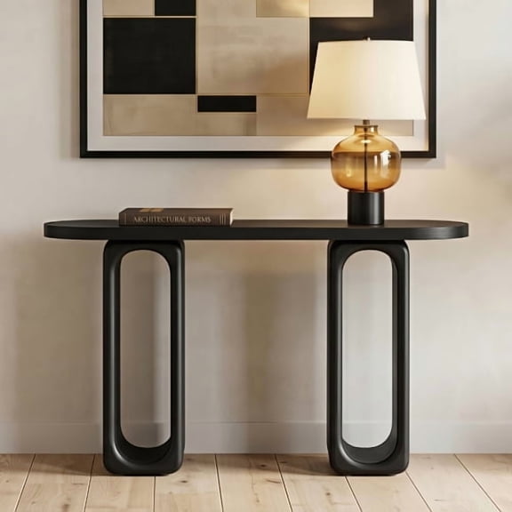 DRNANLIT 50" Modern Sculptural Console Table  Oval Cutout Legs, Wood Veneer, Rounded Top, for Entryway/Living Room