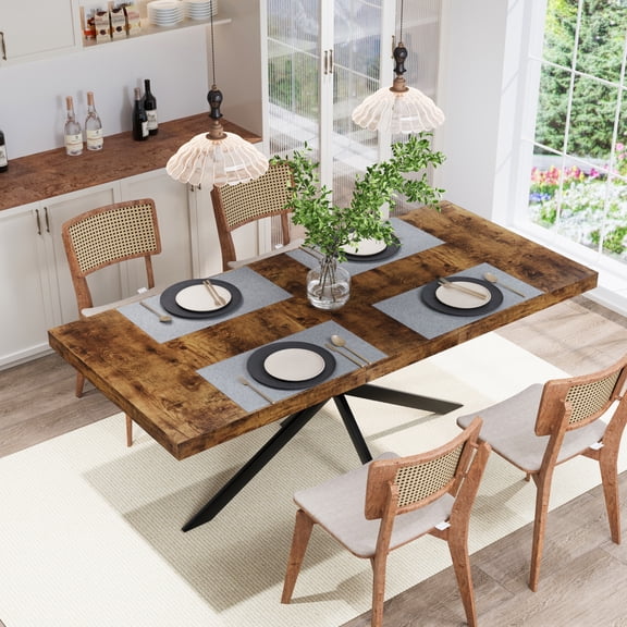 DRNANLIT 55.11"-70.86" Retro Rectangular Stretch Dining Table, Antique Wood Top with Matching Relief Plate, Includes Storage Box, Suitable for Dining Rooms, Kitchens, Brown