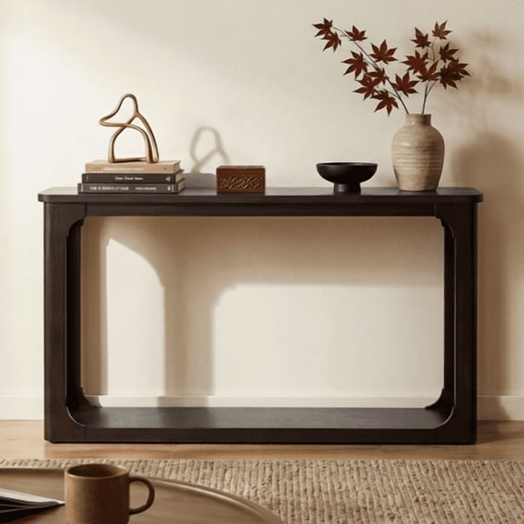 DRNANLIT 55" Espresso Console Table with Open Arch Cutouts  Solid Wood Legs, Bottom Shelf, Transitional for Entryway/Living Room