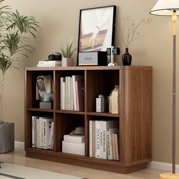 DRNANLIT 6 Cube Storage Bookcase, 40" Wide Walnut Low Horizontal Bookshelf with Curved Edge, Farmhouse Short Book Case