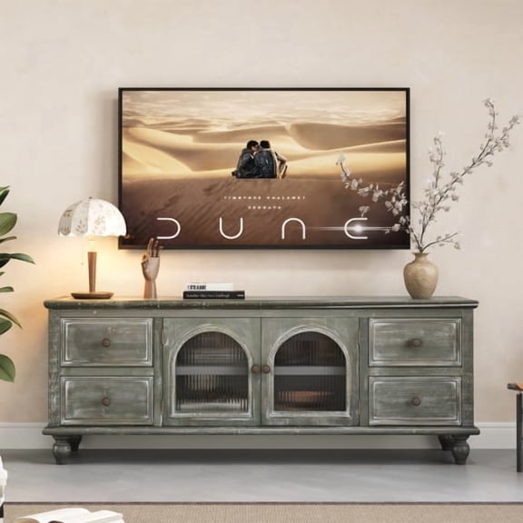 DRNANLIT 60" Farmhouse TV Stand with 4 Drawers & 2 Glass Doors, Rustic Wood Media Console, Distressed Entertainment Center, Black+Gray