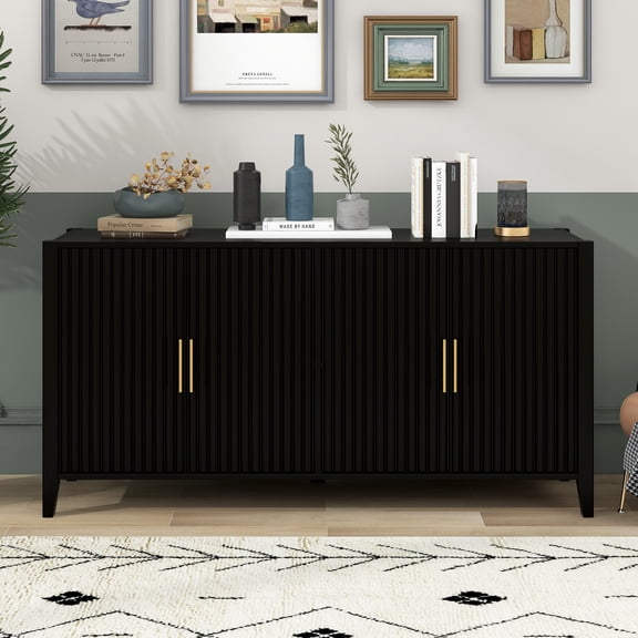 DRNANLIT 61.1" Sideboard Storage Cabinet with 4 Wavy Slatted Doors, for Living Room Dining Room Kitchen Entryway,Black