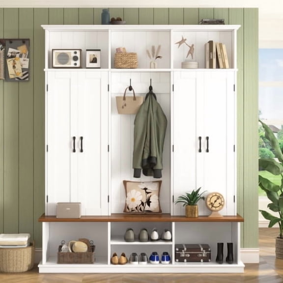 DRNANLIT 62.2" Farmhouse Entryway Hall Tree with Bench, Coat Rack with Hooks & Cabinets for Mudroom - White
