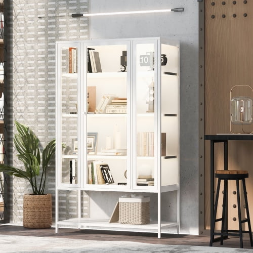 DRNANLIT 67.25'' Iron Display Cabinet with Glass Door and LED Lights for Collectibles Figures Trophies 3-Sided Glass Display Case for Home Office Study Room Stores Playroom White