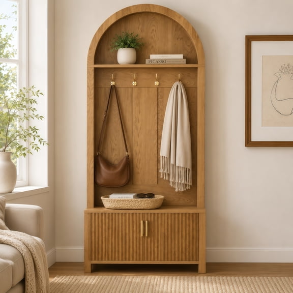 DRNANLIT 70.3" Arched Top Hall Tree with Bench and Storage, 4 Hooks & 2 Doors, Natural