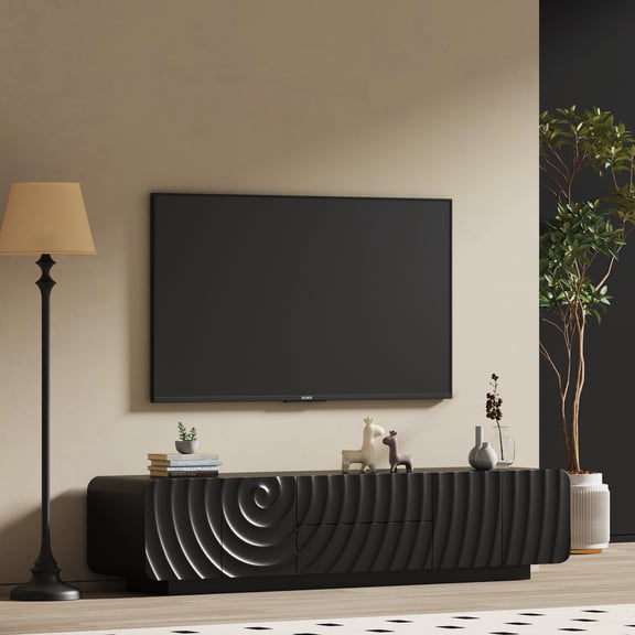 DRNANLIT 70 Inch TV Stand with Spiral Wave Design, Floating Base Entertainment Center with 2 Drawers 2 Storage Compartments, Child Safe Rounded Corners Media Console, Black