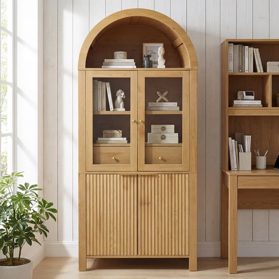 DRNANLIT 71" Elegant Fluted Arched Pantry Cabinet with Adjustable Shelves, Hidden Drawer & Glass Doors, Versatile Storage for Kitchen, Living Room, Dining Room, Oak