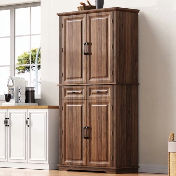 DRNANLIT 71" Tall Kitchen Pantry Cabinet with 3 Pull Out Organizers, Farmhouse Embossed Texture, Brown