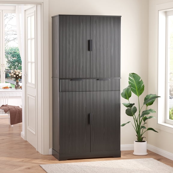 DRNANLIT 72" Freestanding Pantry Cabinet with 3 Drawers and 6 Adjustable Door Shelves, Black