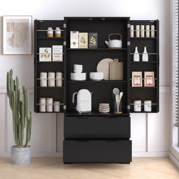 DRNANLIT 72" Modern Pantry Cabinet with 2 Drawers & 8-Door Spice Rack, Black for Kitchen Dining Entryway