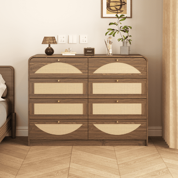 DRNANLIT 8-Drawer Boho Modern Dresser with Woven Rattan Panels & Gold Knobs, Walnut Tone Particle Board Storage Chest for Bedroom, Living Room, Entryway