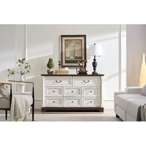 DRNANLIT 8 Drawer Rustic Wood Dresser Chest with Wooden Base & Riser Trim, Farmhouse Storage Drawer Chest for Bedroom, Living Room & Entryway White